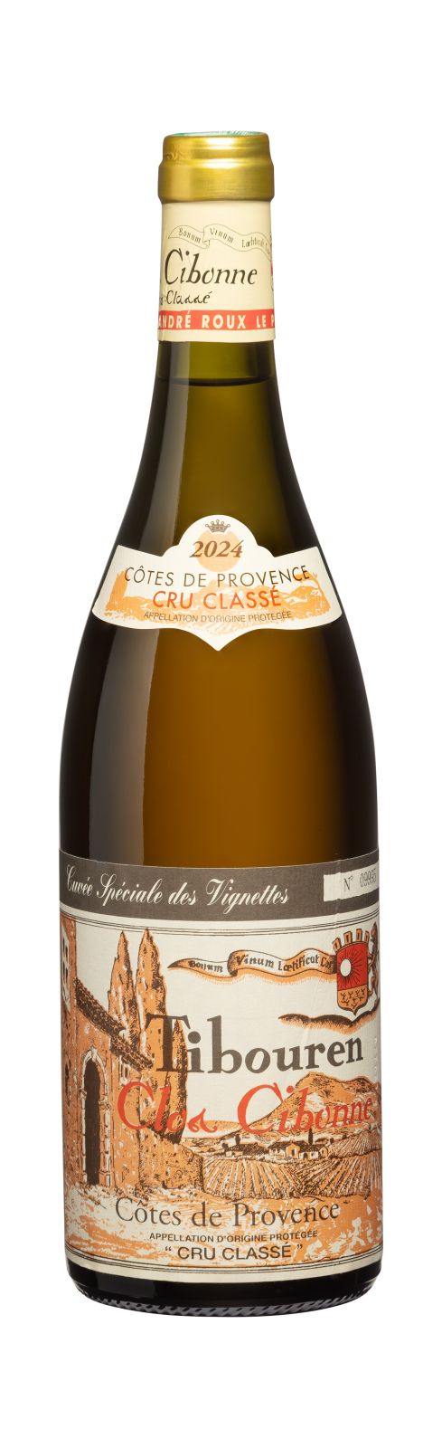 Bottle of Clos Cibonne Cuvée des Vignettes rosé, featuring the estate’s signature Tibouren-based Provence rosé aged in century-old foudres.